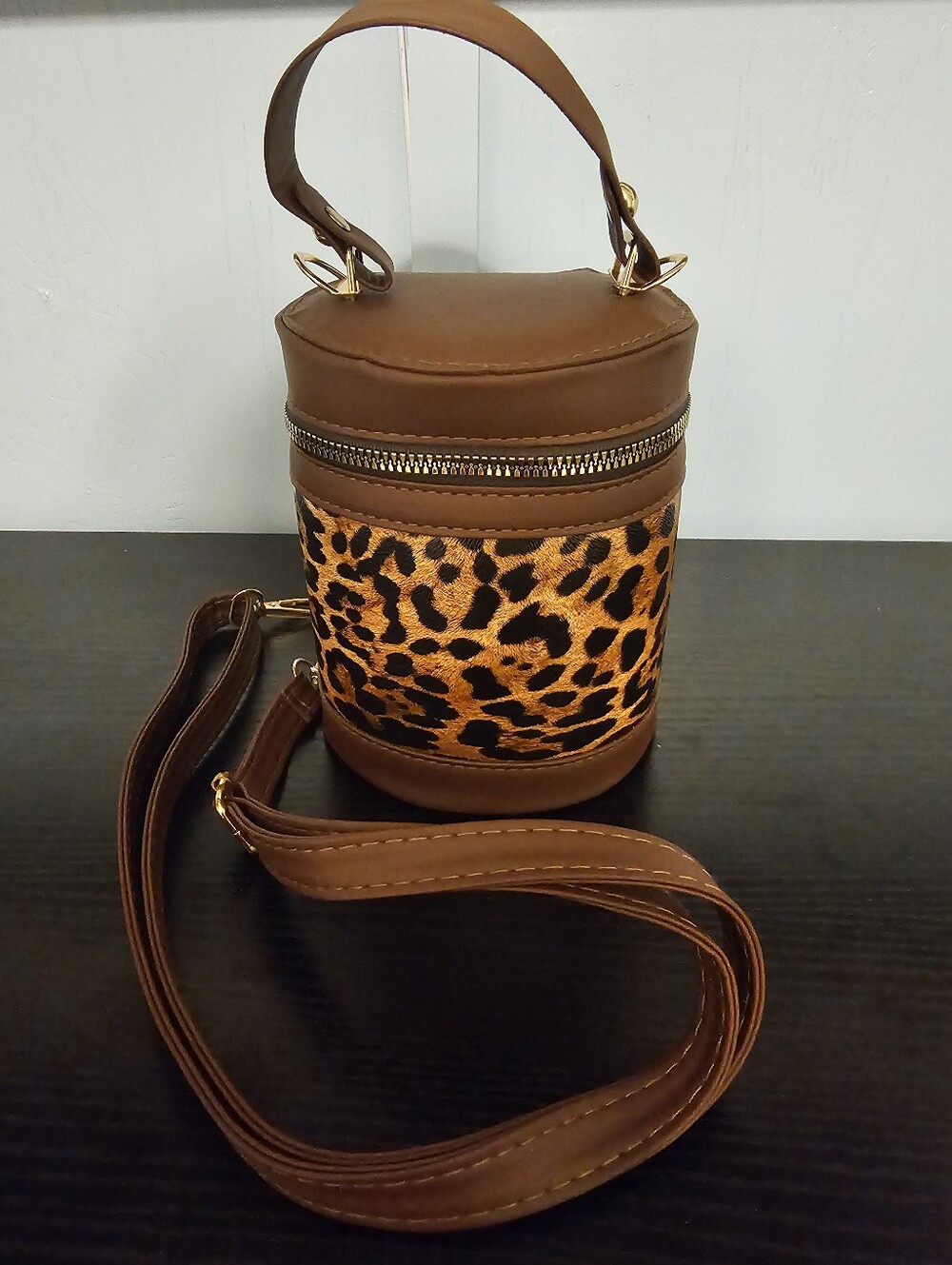 Brown Leopard Print Cylinder Crossbody Bag - Faux Leather
